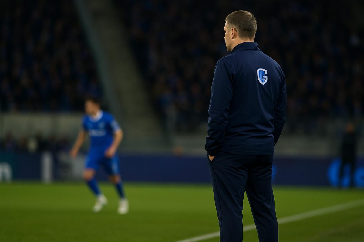 Nicky Hayen langs de zijlijn bij KRC Genk tijdens de match tegen OH Leuven