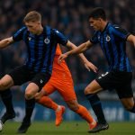 Sfeerbeeld van een Club Brugge-speler in actie tijdens de play-offs, met focus op intensiteit en beslissende momenten.
