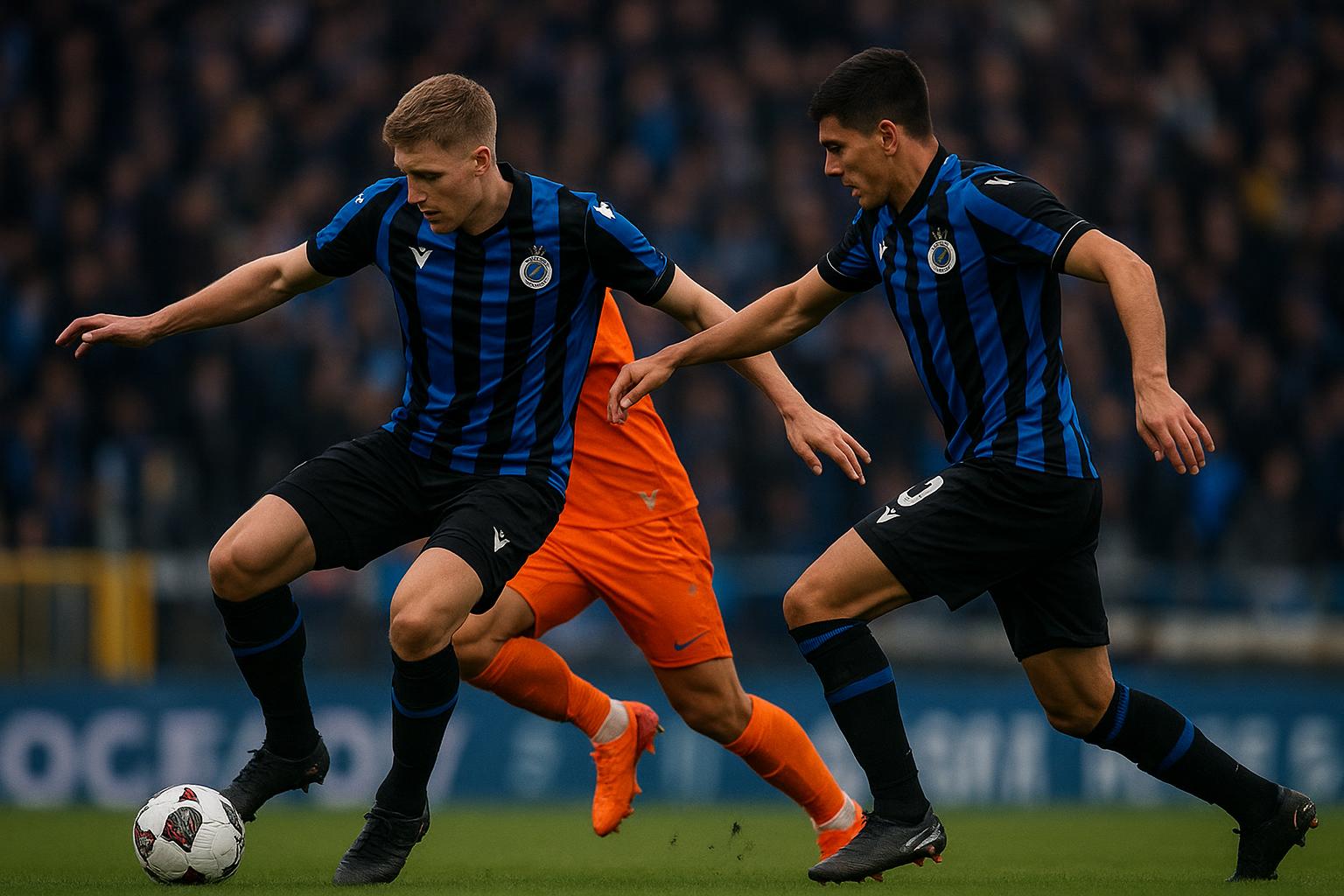 Sfeerbeeld van een Club Brugge-speler in actie tijdens de play-offs, met focus op intensiteit en beslissende momenten.