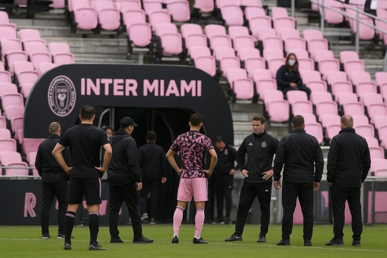 Stadionomgeving van Inter Miami in Miami, met clubkleuren op de achtergrond