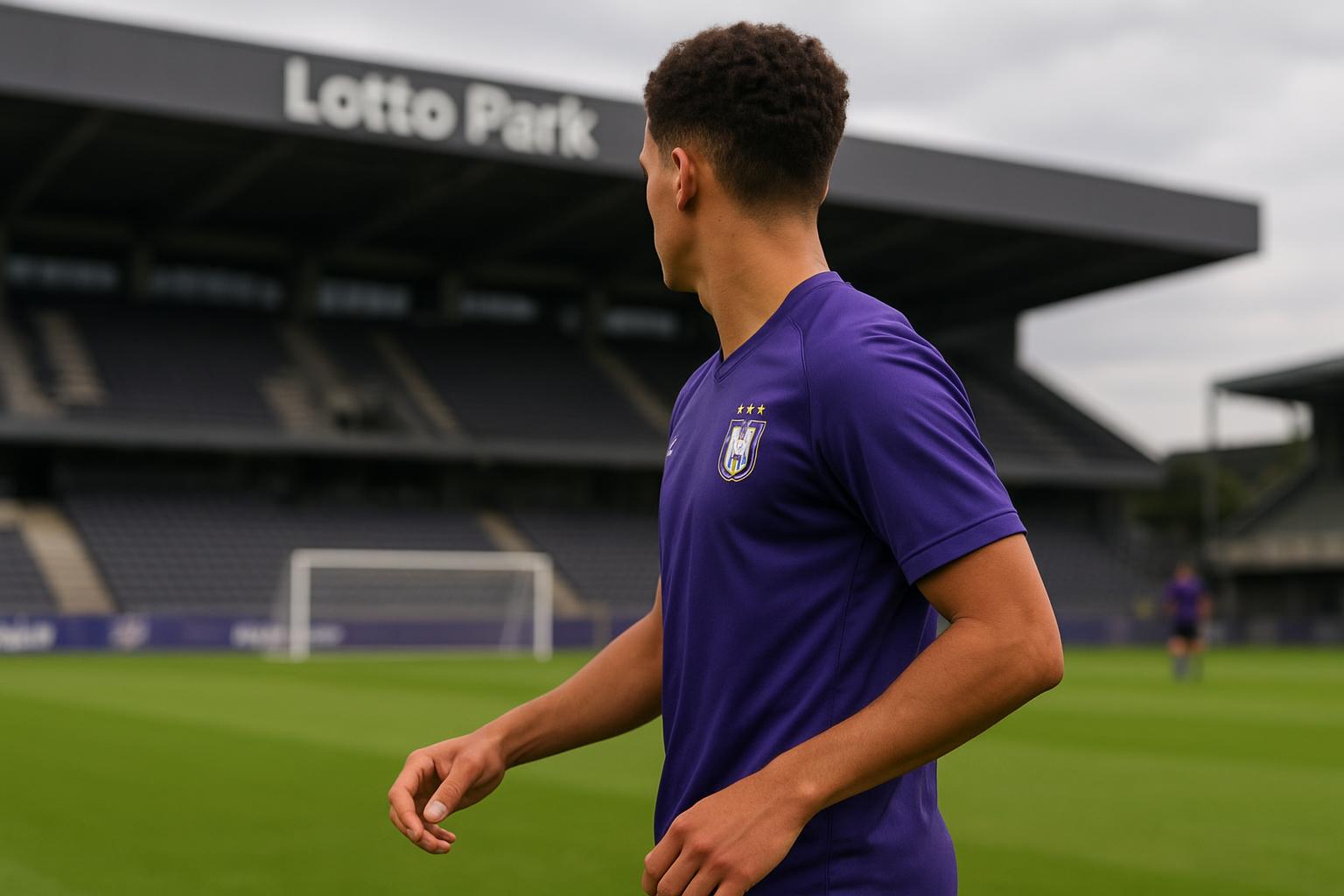 Sfeerbeeld van een training van Anderlecht met focus op een jonge middenvelder, zonder herkenbare gezichten