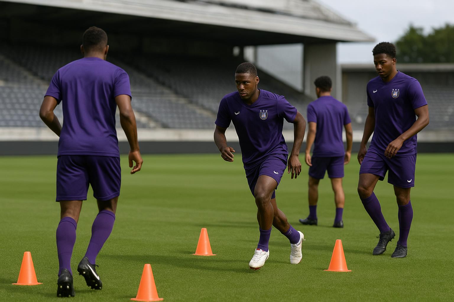 Training bij RSC Anderlecht met spelers op het veld, zonder herkenbare gezichten.