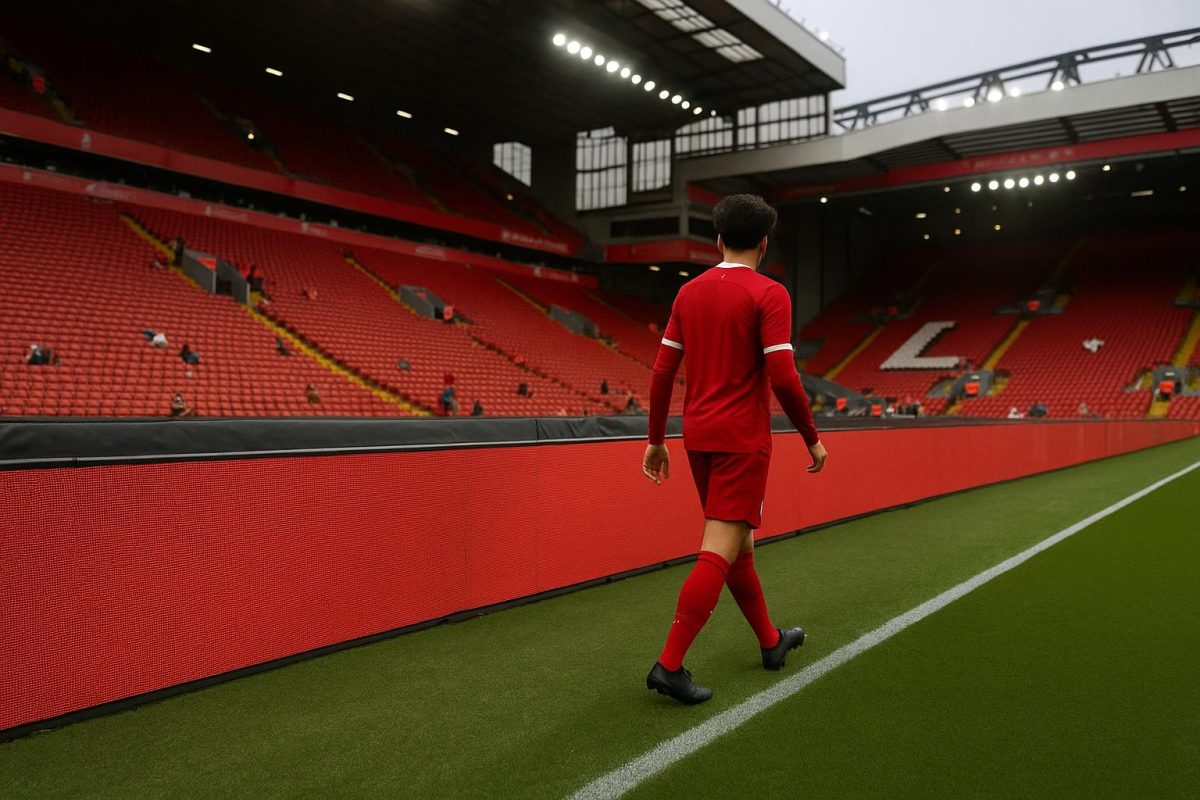 Reclameborden langs de zijlijn in het stadion van Liverpool op Anfield
