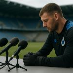 Simon Mignolet van Club Brugge tijdens een persmoment in stadionomgeving