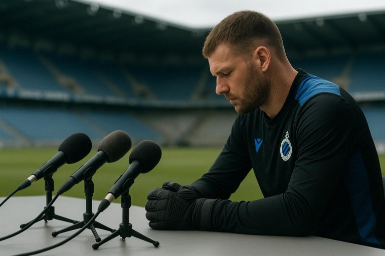 Simon Mignolet van Club Brugge tijdens een persmoment in stadionomgeving