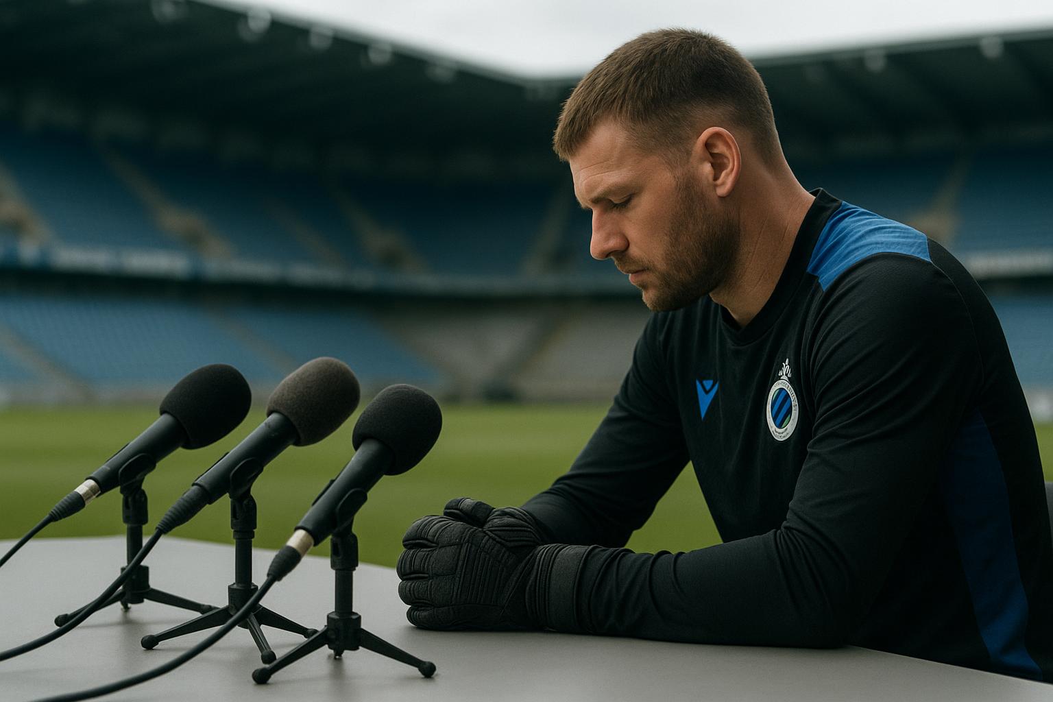 Simon Mignolet van Club Brugge tijdens een persmoment in stadionomgeving
