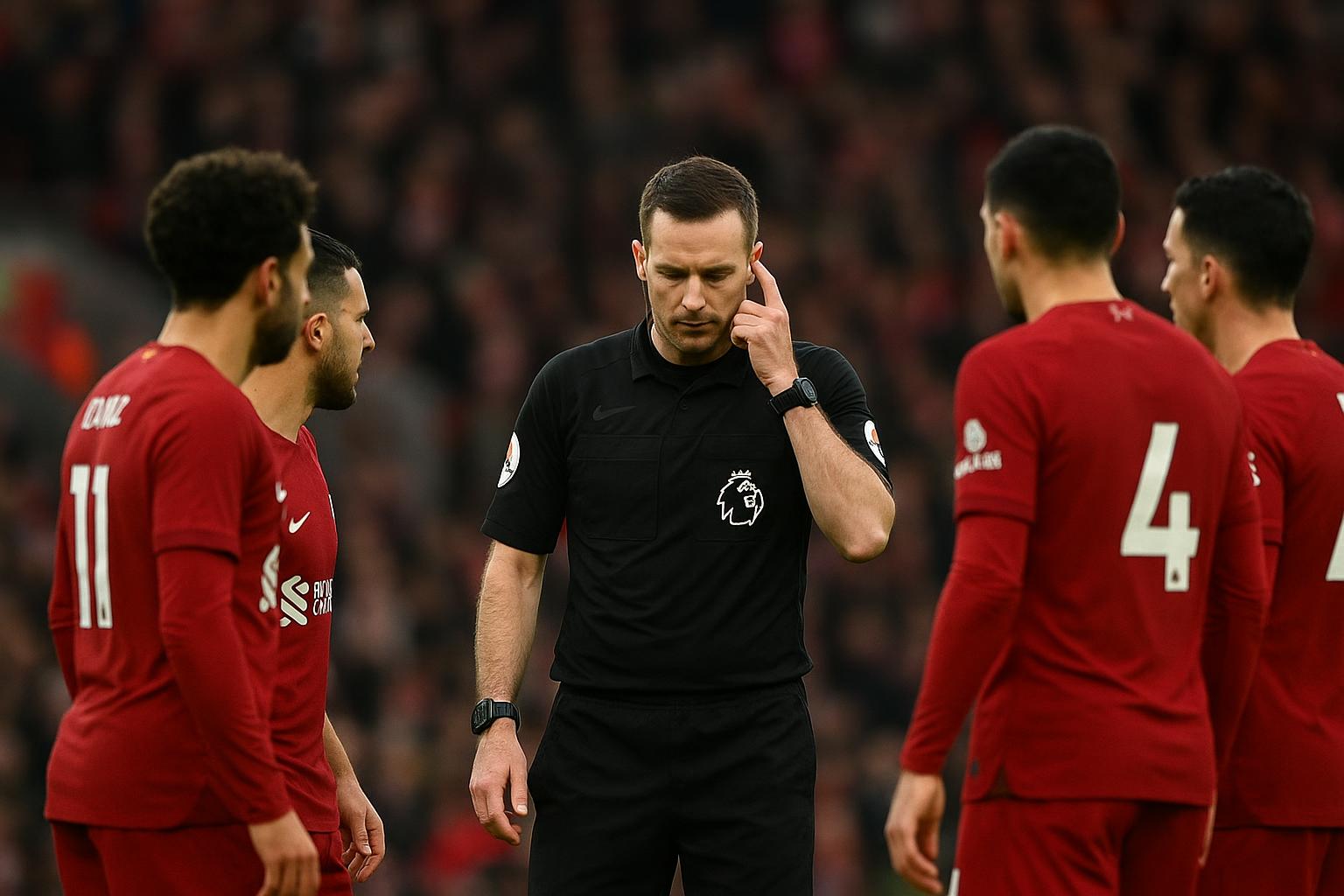 Sfeerbeeld in Anfield tijdens Liverpool-PSG, met focus op het VAR-moment rond een teruggedraaide penalty