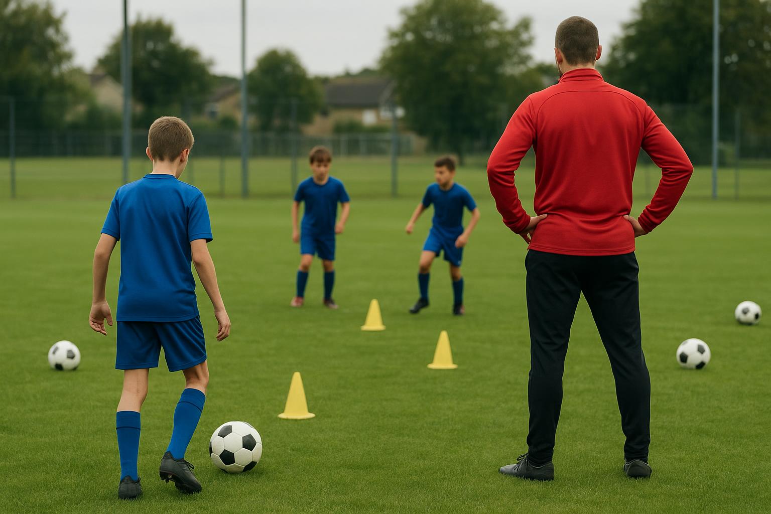 Jeugdvoetbal op een provinciaal trainingsveld met begeleiders op de achtergrond
