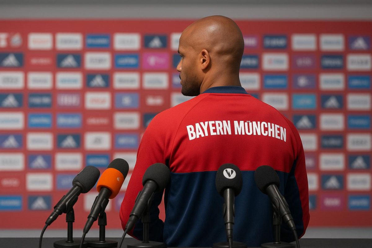Vincent Kompany tijdens een persmoment als trainer van Bayern München
