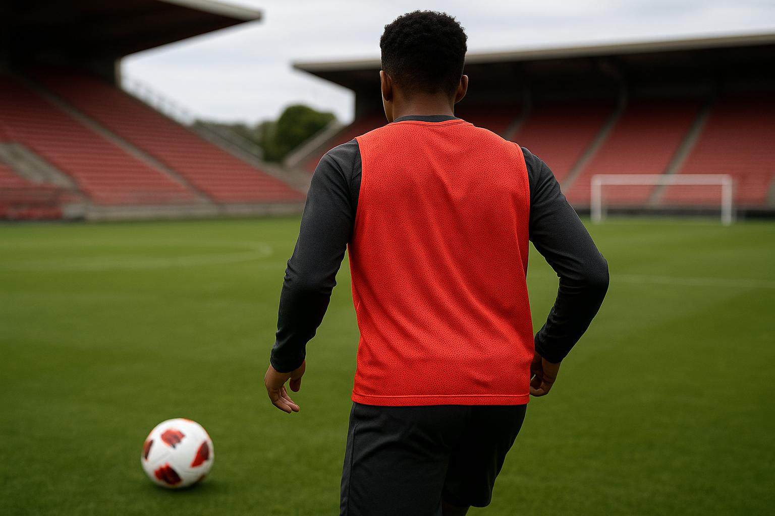 Een jeugdspeler van Standard in trainingscontext met bal op het veld