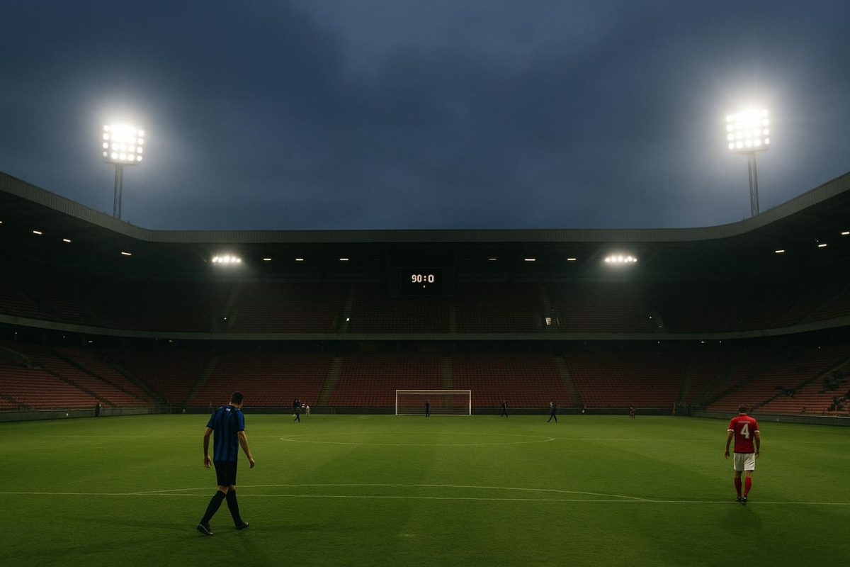 Sfeershot van een Belgisch eersteklassestadion tijdens een wedstrijdavond