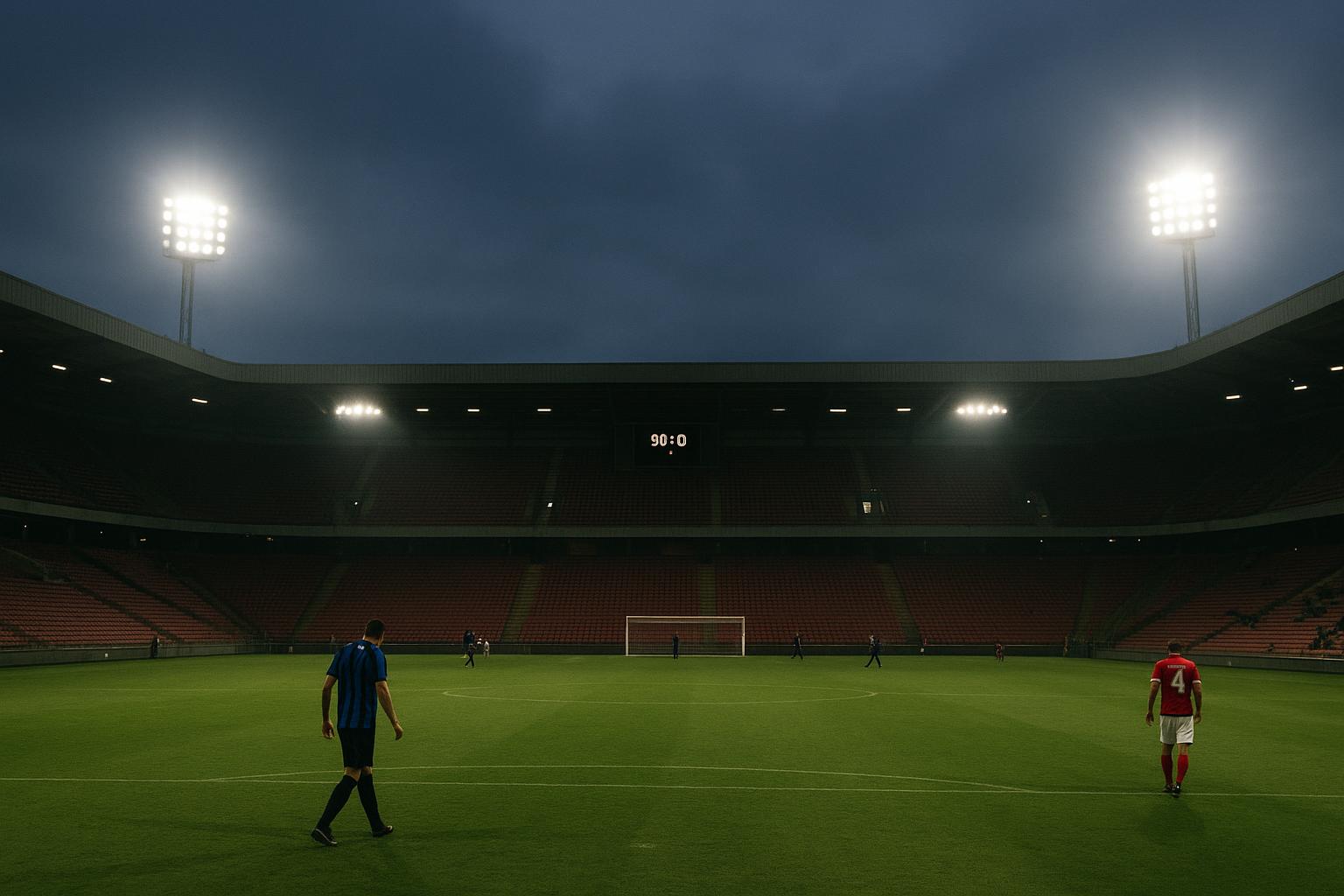 Sfeershot van een Belgisch eersteklassestadion tijdens een wedstrijdavond