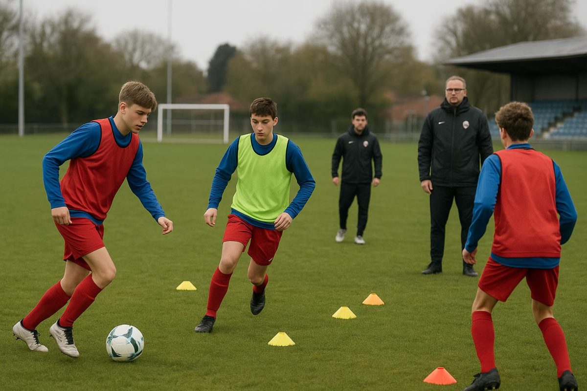 Jeugdspelers op een provinciaal trainingsveld tijdens een oefensessie