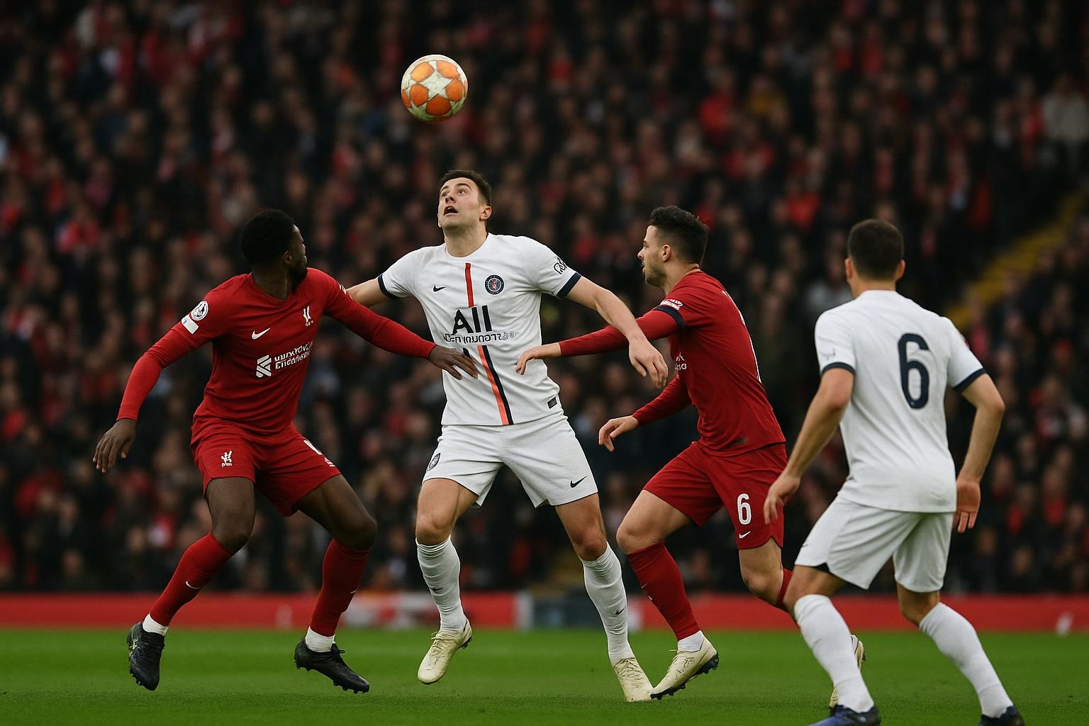 Actiebeeld uit Liverpool tegen PSG in de Champions League, met spelers in duel om de bal.