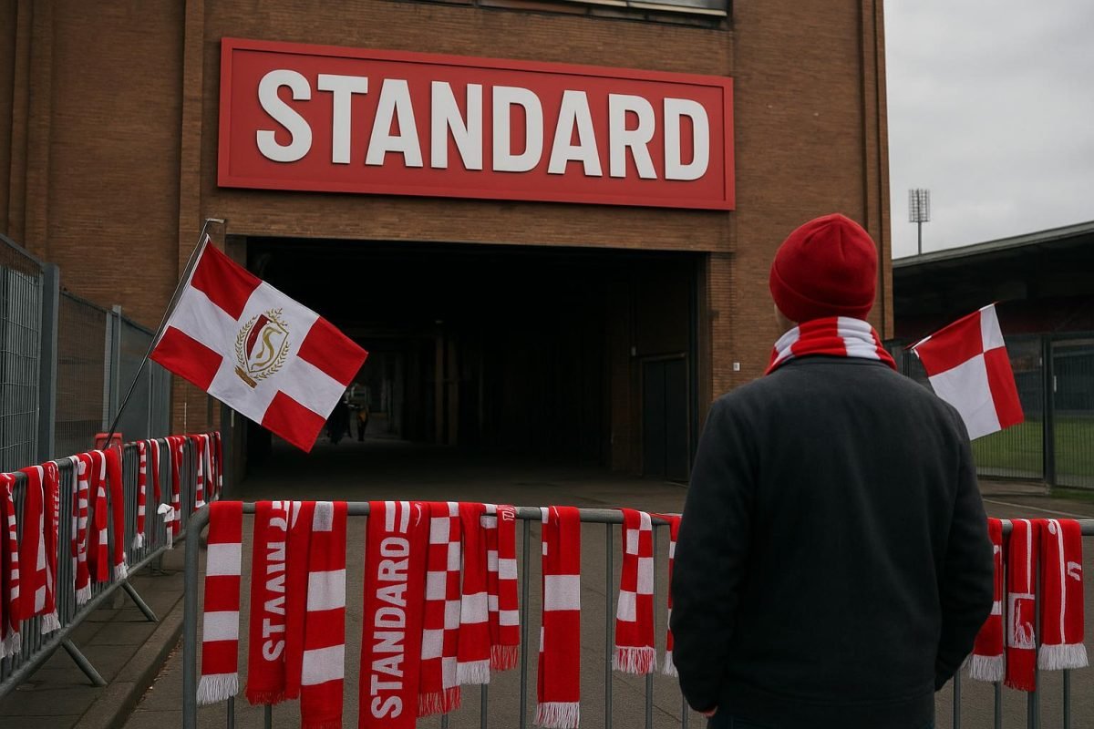 Transfersfeer rond Standard Luik met rood-witte clubkleuren aan het stadion