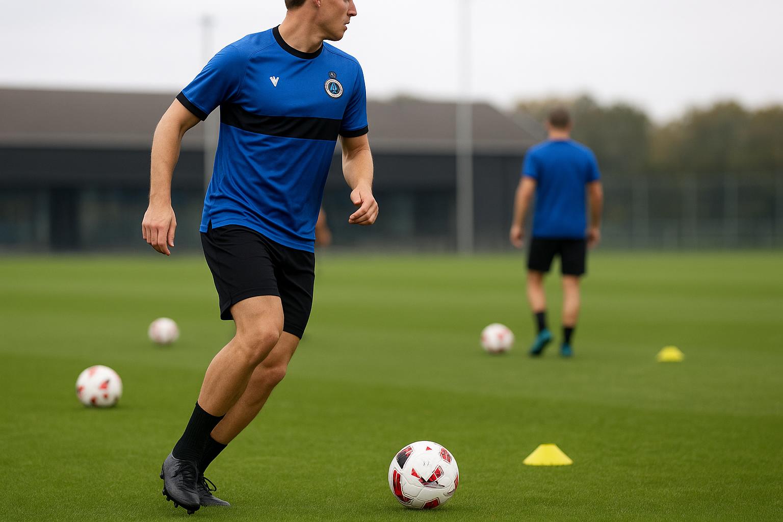 Spelers van Club Brugge trainen op het veld in aanloop naar een topper