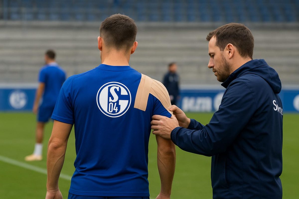 Sfeerbeeld van een training van Schalke 04 met focus op een speler met ingetapete schouder, zonder herkenbare gezichten.
