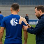 Sfeerbeeld van een training van Schalke 04 met focus op een speler met ingetapete schouder, zonder herkenbare gezichten.