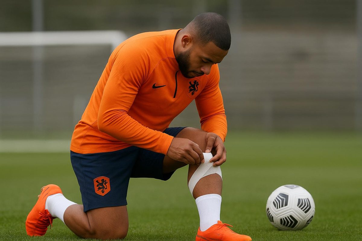 Trainingssituatie rond een geblesseerde aanvaller met Nederlands elftal-context, zonder herkenbare gezichten.