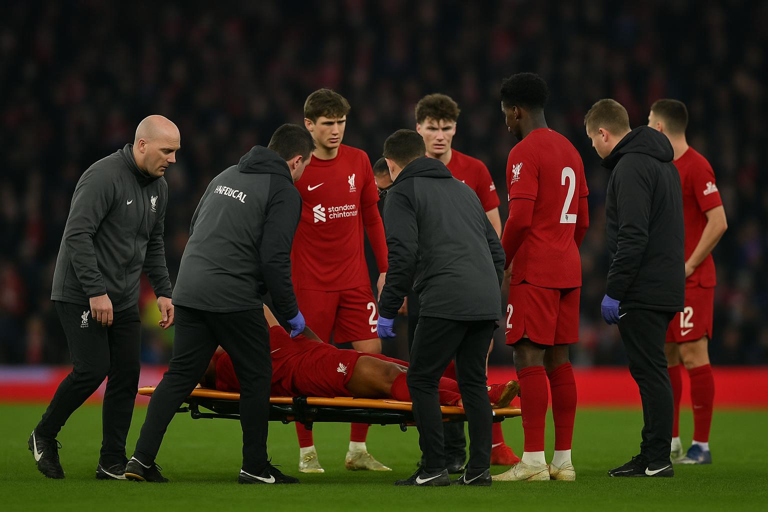Spelers van Liverpool rond een brancard tijdens een Champions League-wedstrijd, met aandacht voor de blessure van Hugo Ekitike.