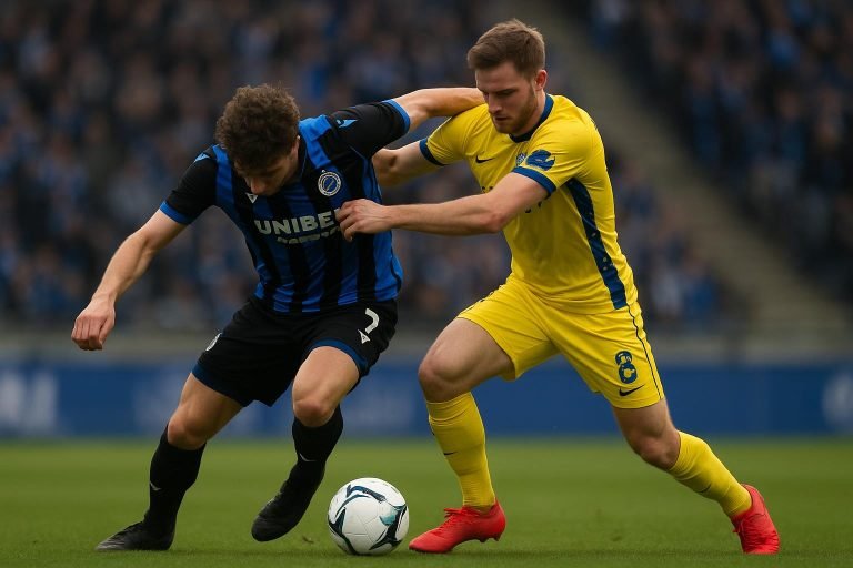 Hans Vanaken van Club Brugge in duel met een speler van Union SG tijdens de Champions' Play-Offs