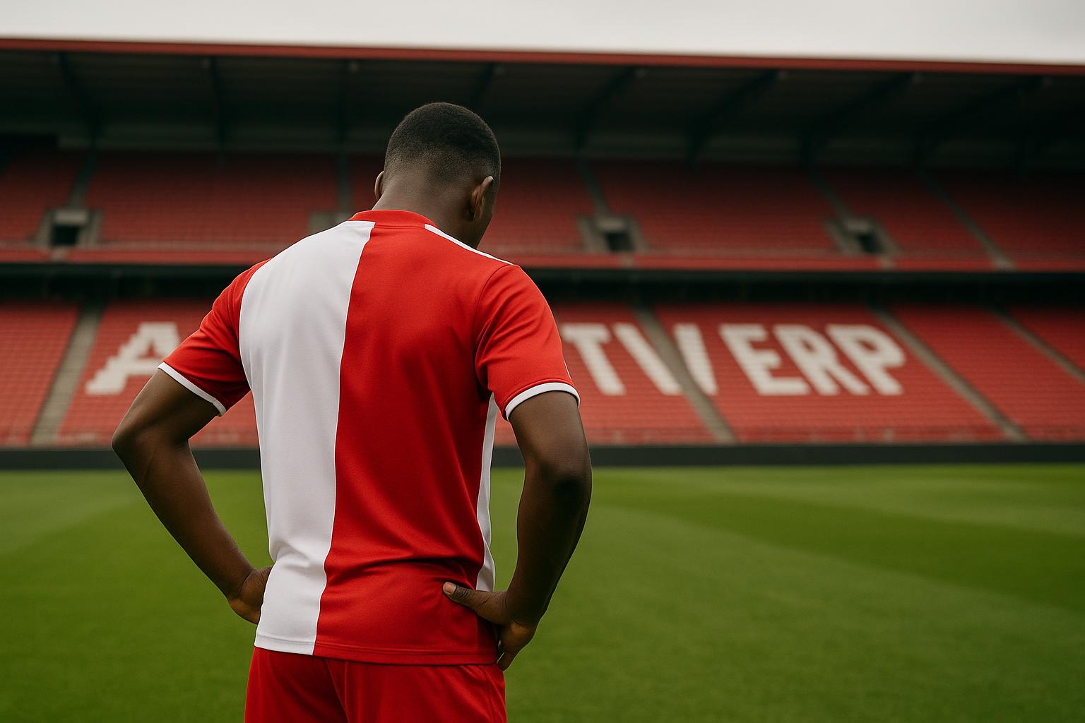 Vincent Janssen van Royal Antwerp FC in een stadioncontext op de Bosuil