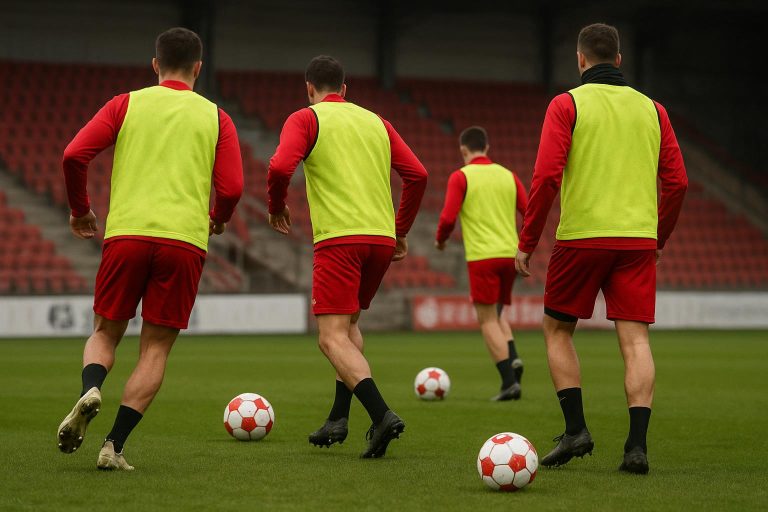 Spelers van KV Kortrijk op training met focus en intensiteit, zonder herkenbare gezichten