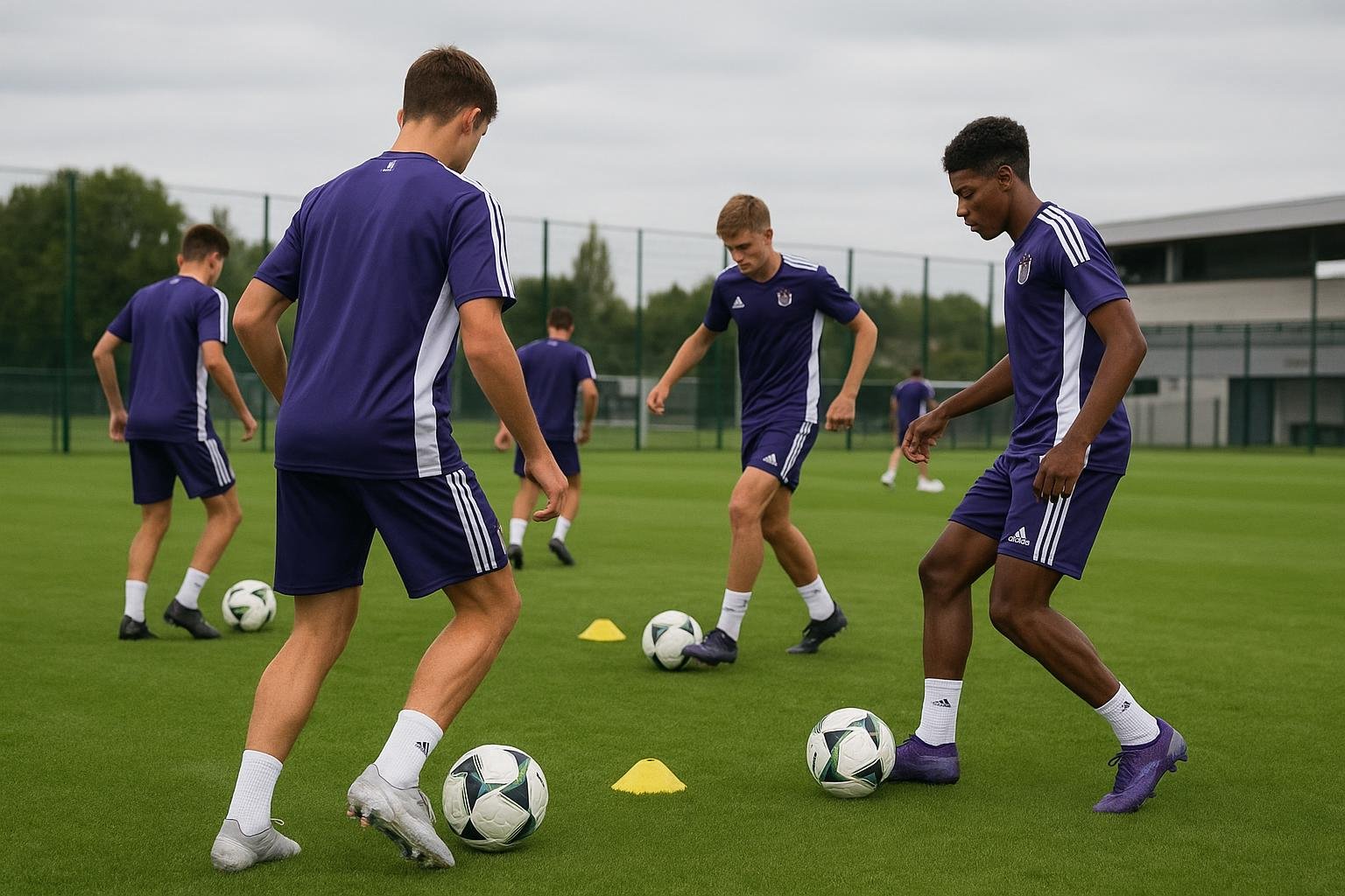 Training op Neerpede bij RSC Anderlecht met jeugdspelers op het veld