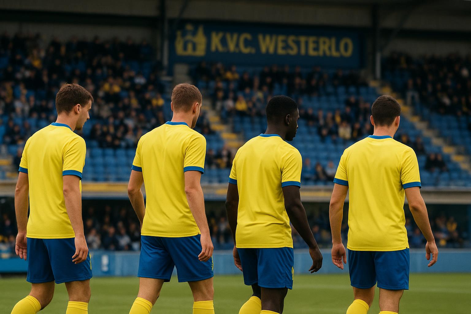 Spelers van KVC Westerlo vieren een zege in ’t Kuipje tijdens de Europe Play-Offs.