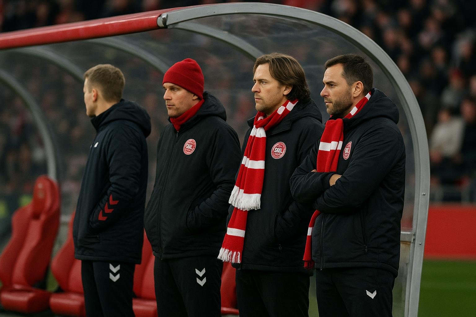 Sfeerbeeld van de Deense nationale ploeg langs de zijlijn in een stadion, zonder herkenbare gezichten.