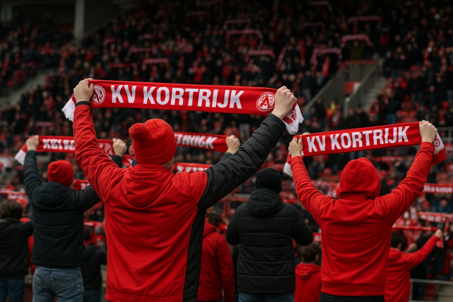 Supporters van KV Kortrijk zorgen voor sfeer met clubkleuren in het stadion