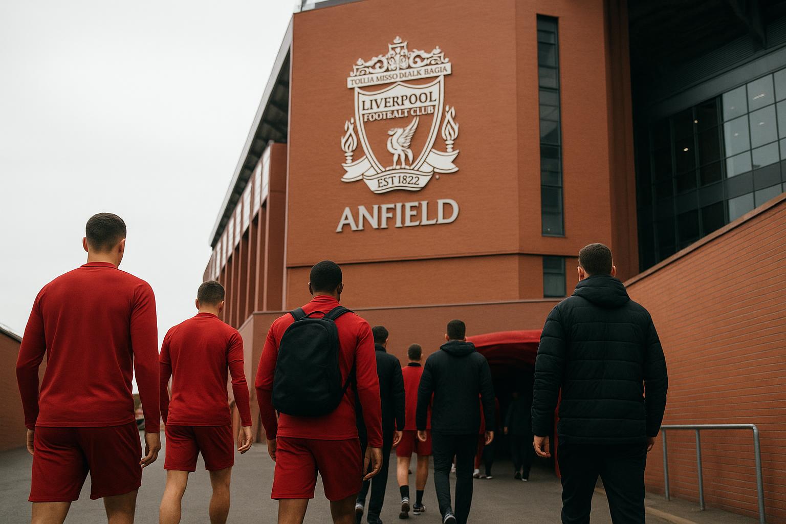 Sfeerbeeld rond Anfield met spelers die het veld verlaten na een wedstrijd