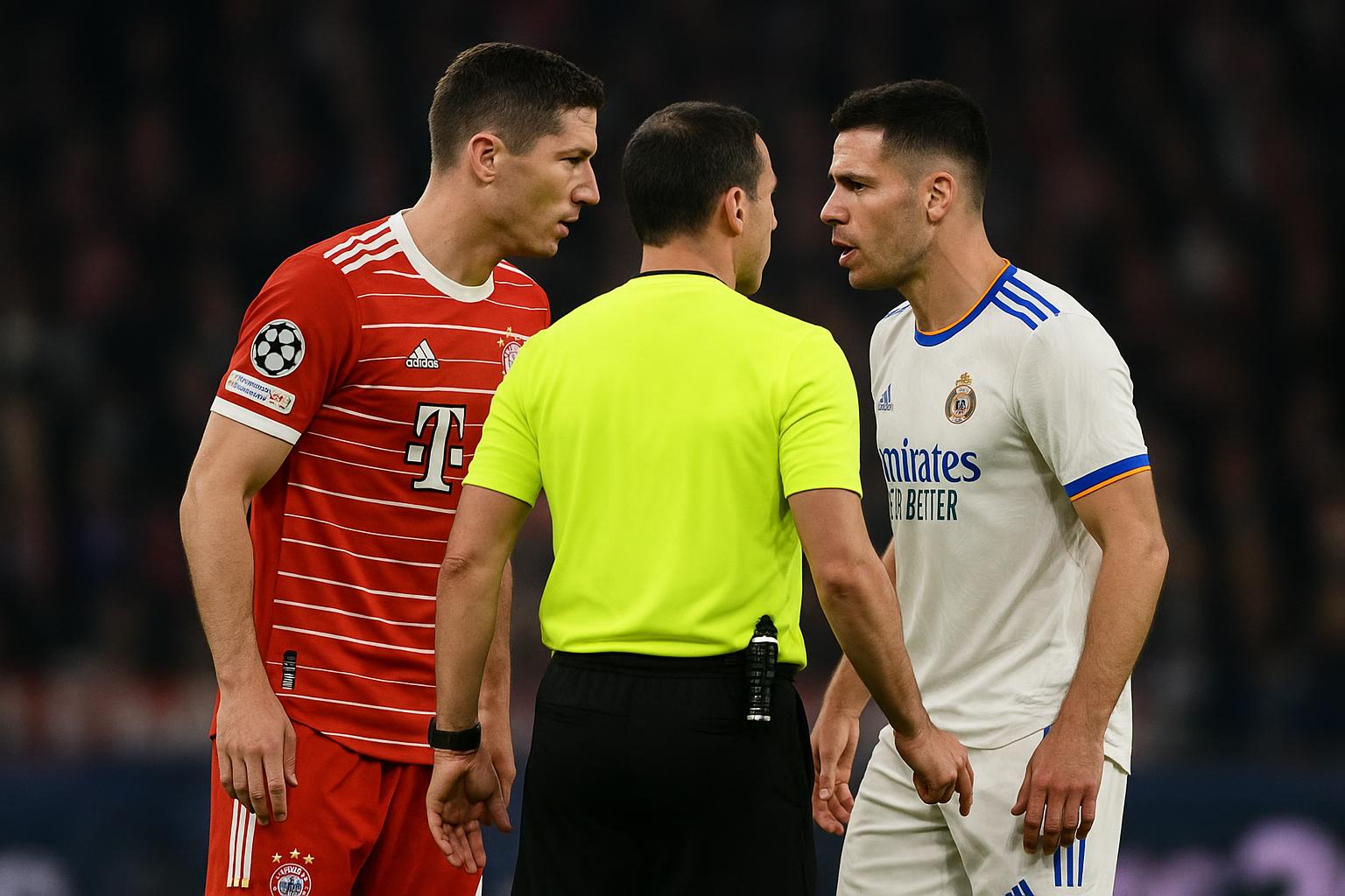 Spelers van Bayern München en Real Madrid in discussie tijdens een verhitte fase op het veld.