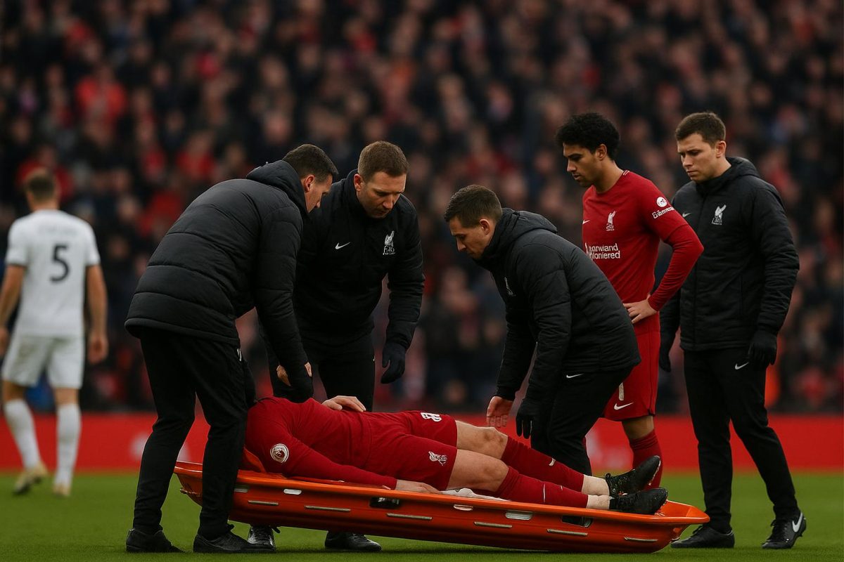 Hugo Ekitiké wordt met een brancard van het veld gedragen bij Liverpool