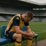 Een speler van Union SG op de bank in het stadion tijdens een wedstrijd, met teleurgestelde houding.
