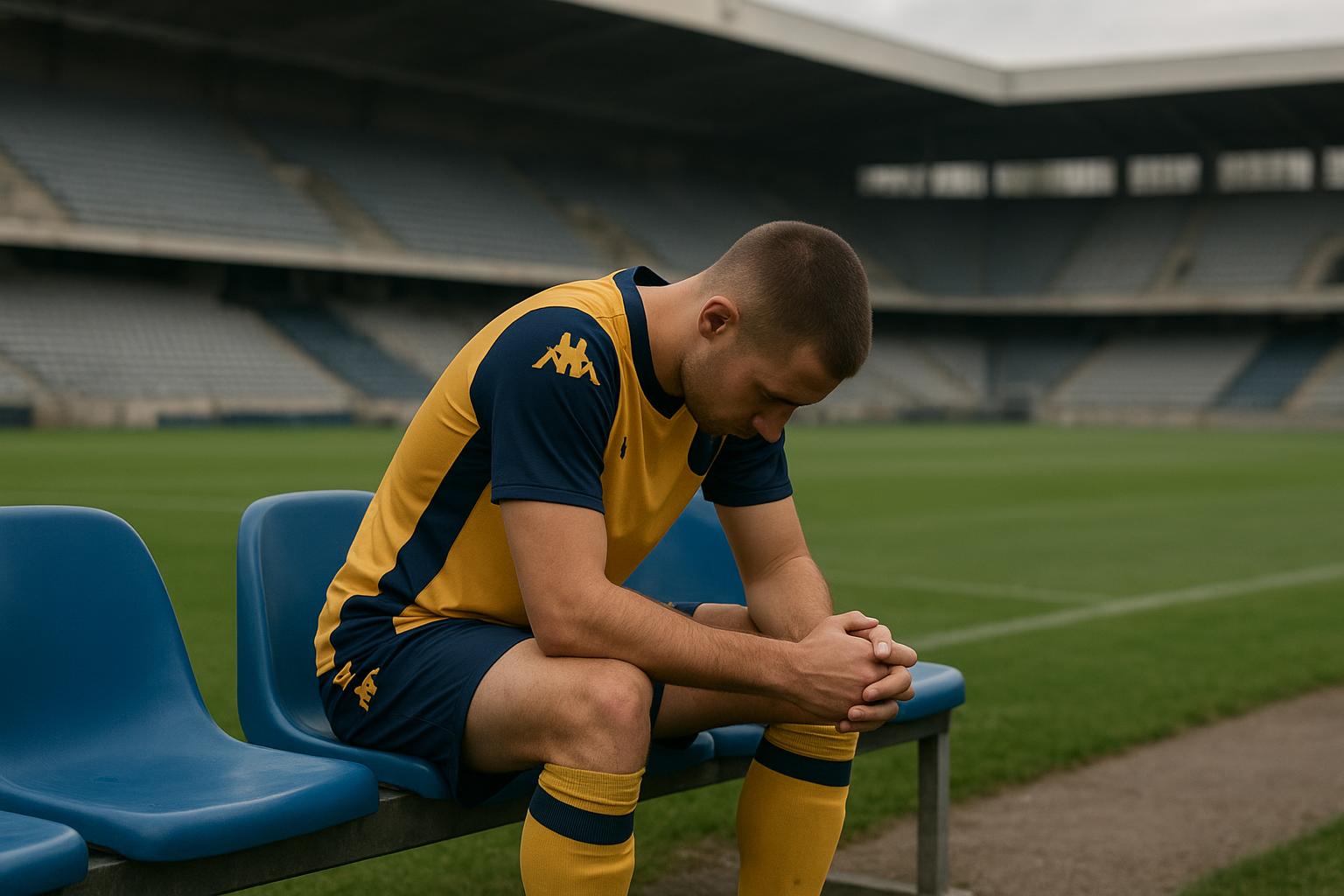 Een speler van Union SG op de bank in het stadion tijdens een wedstrijd, met teleurgestelde houding.