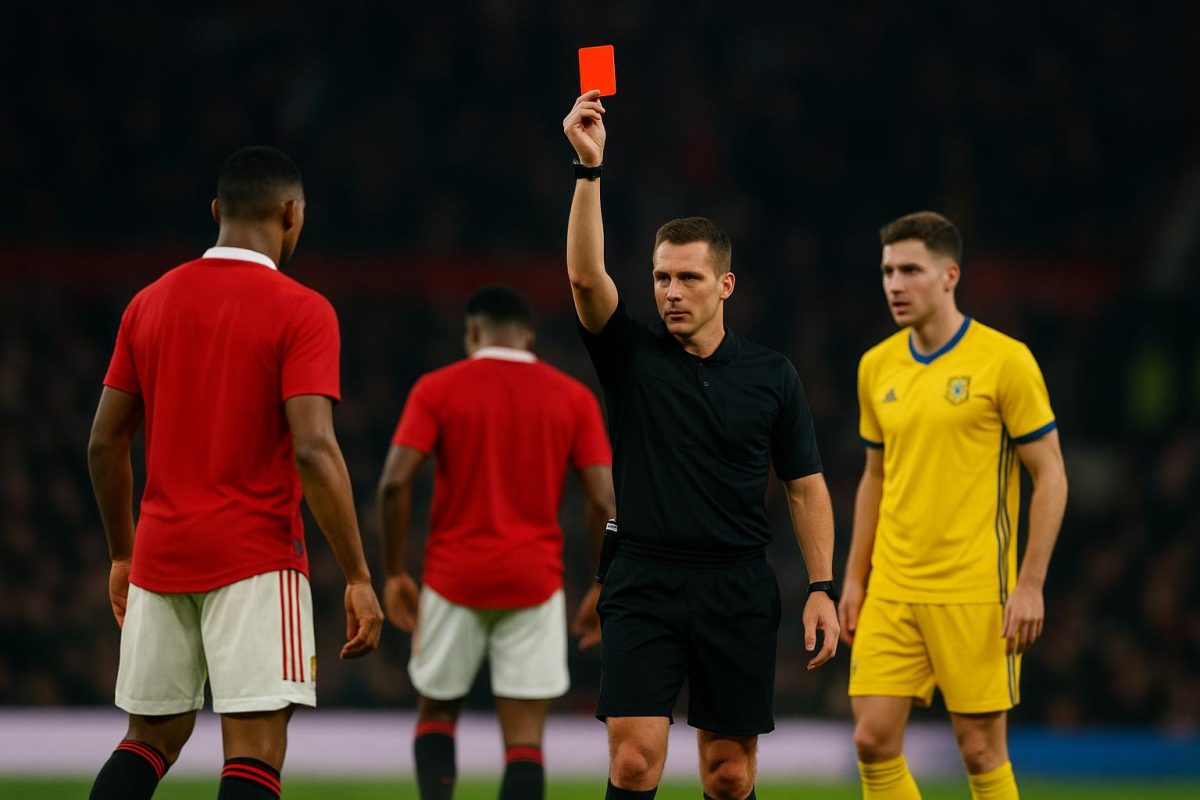 Spelmoment in Manchester United tegen Leeds United na een VAR-ingreep en een rode kaart.