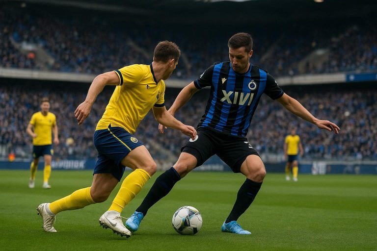 Speelmoment tijdens Union tegen Club Brugge in het Dudenpark in de play-offs.