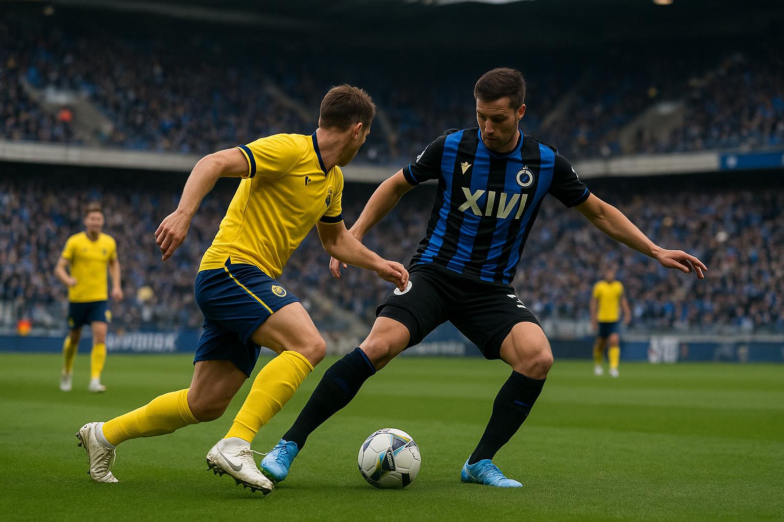 Speelmoment tijdens Union tegen Club Brugge in het Dudenpark in de play-offs.