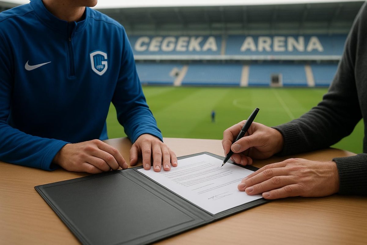 Sfeerbeeld bij KRC Genk rond een jeugdspeler die een profcontract tekent, met de Cegeka Arena op de achtergrond