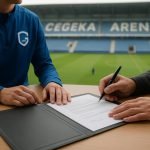Sfeerbeeld bij KRC Genk rond een jeugdspeler die een profcontract tekent, met de Cegeka Arena op de achtergrond