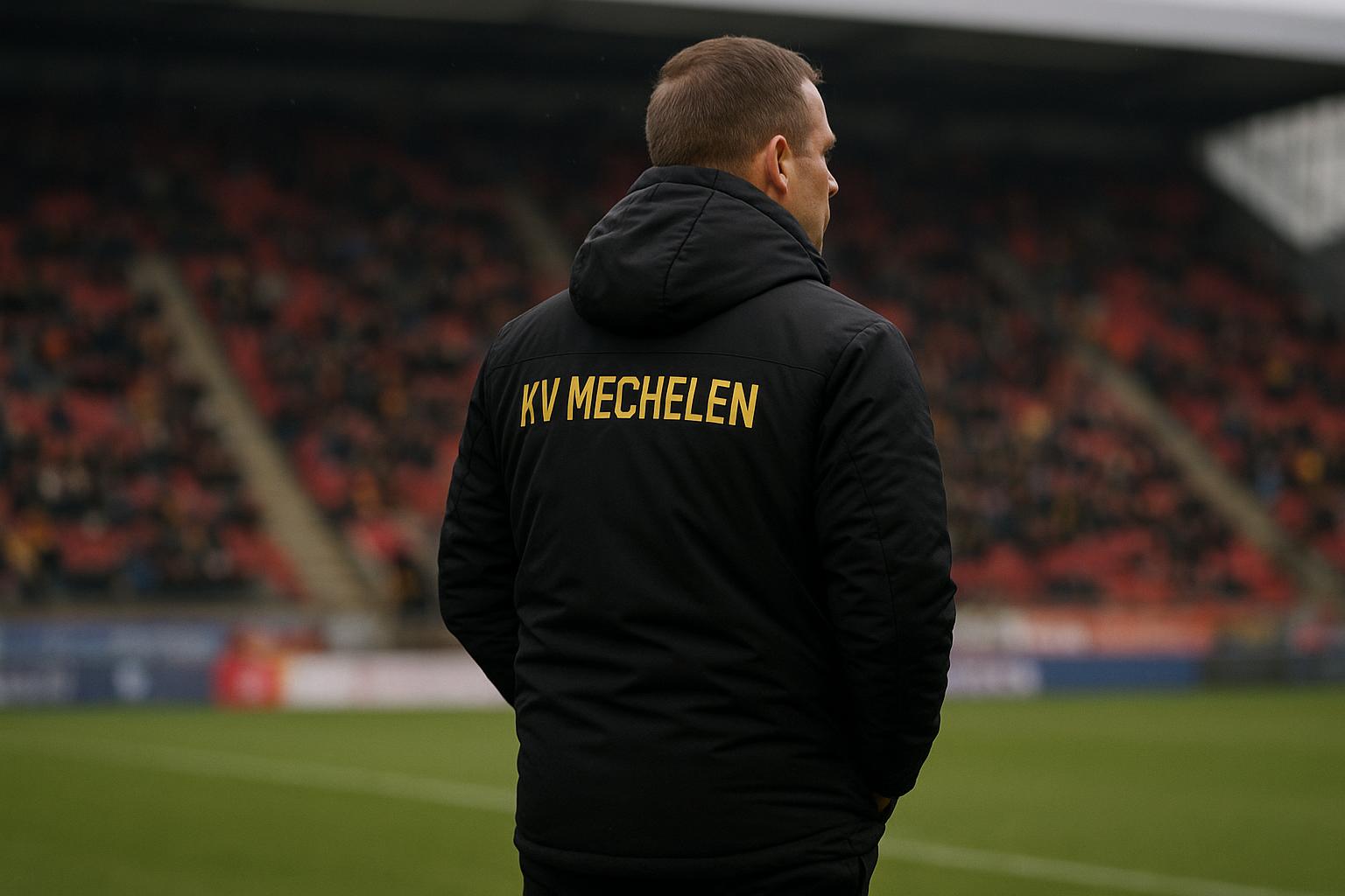 Fred Vanderbiest, trainer van KV Mechelen, langs de zijlijn tijdens een wedstrijdmoment