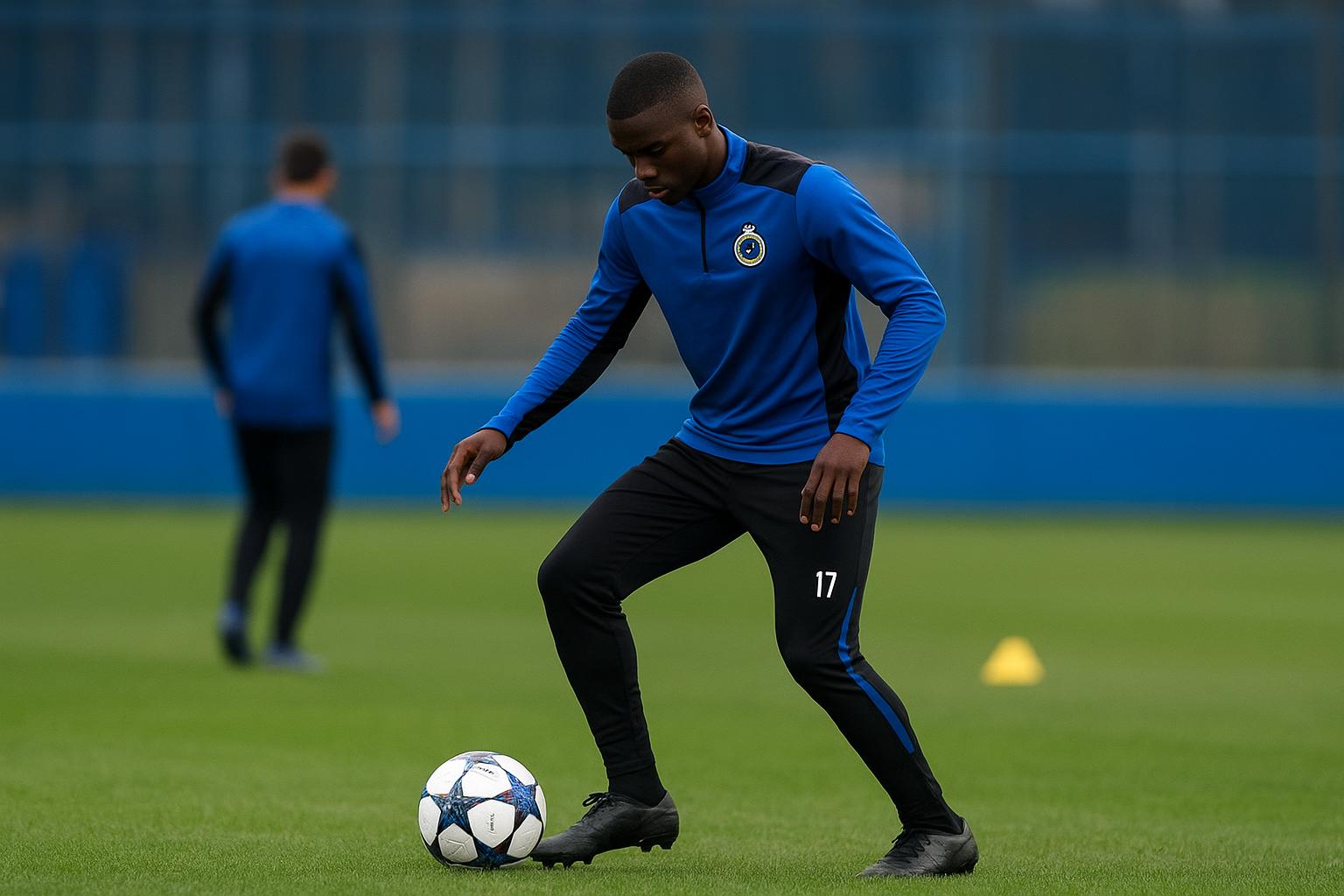 Spelers van Club Brugge U19 op training in aanloop naar de Youth League, met de bal op de voorgrond.