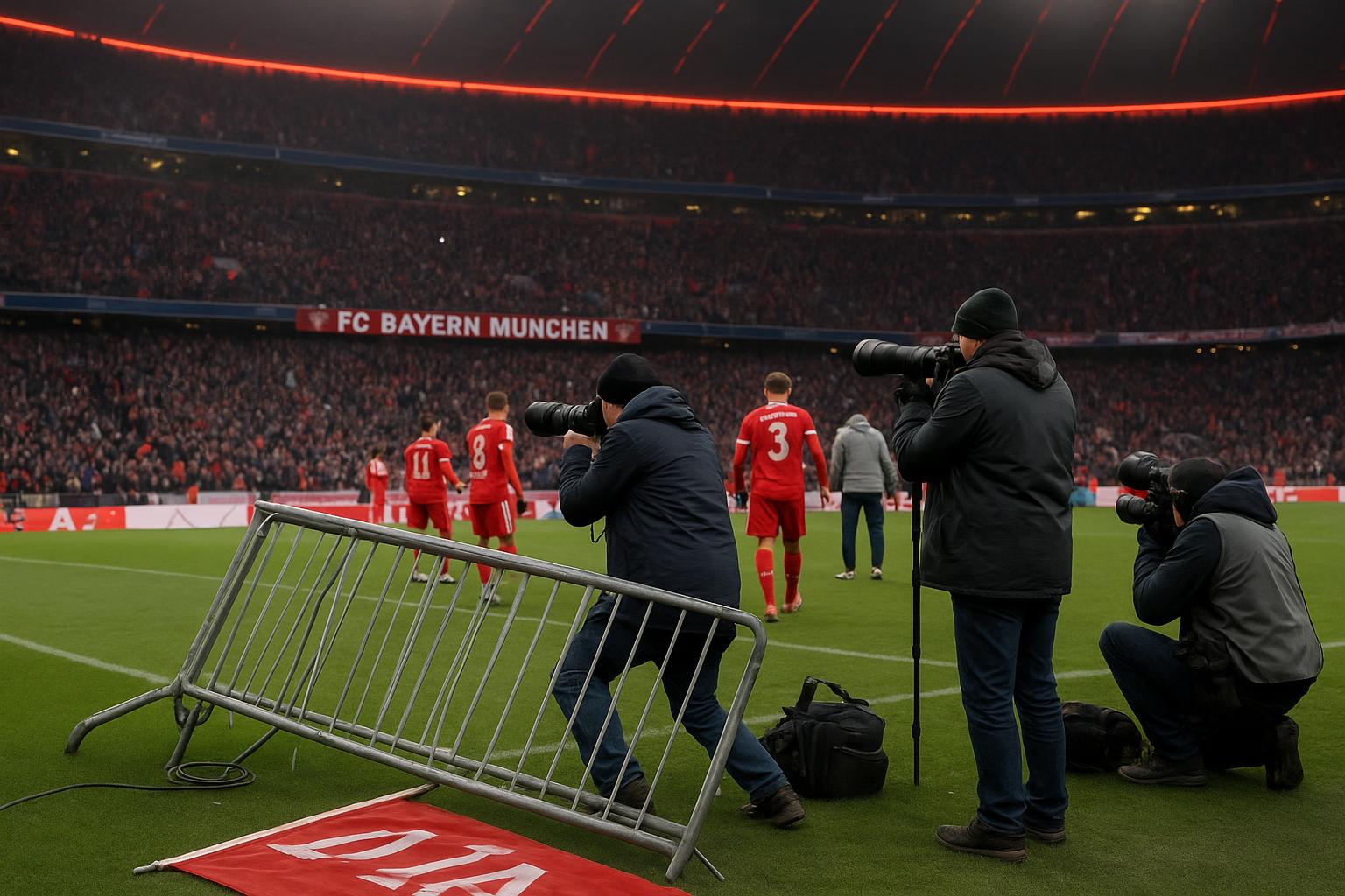 Allianz Arena met supportersdrukte langs de boarding, zonder herkenbare gezichten