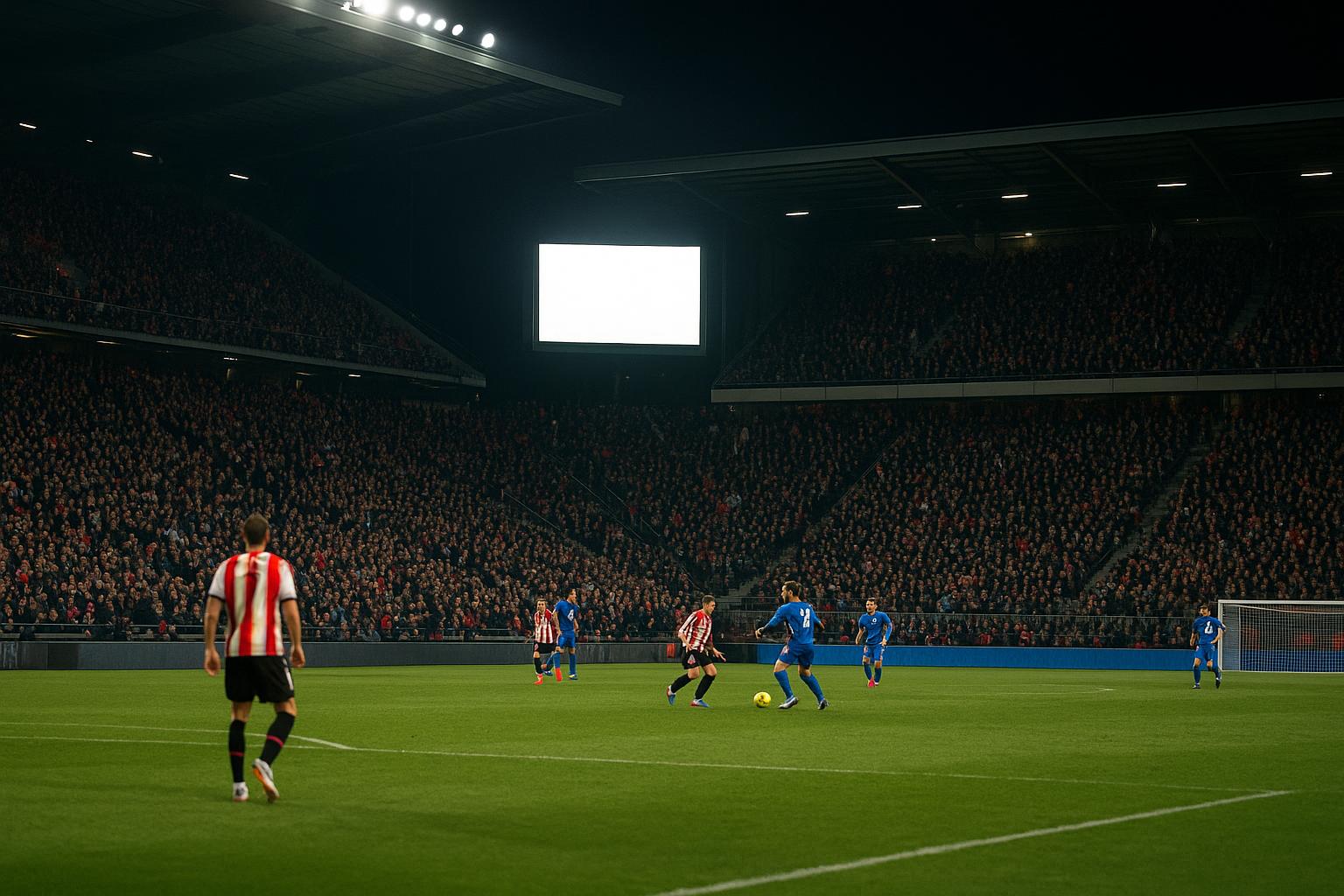 Avondsfeer in een stadion tijdens de slotspeeldag in de Challenger Pro League