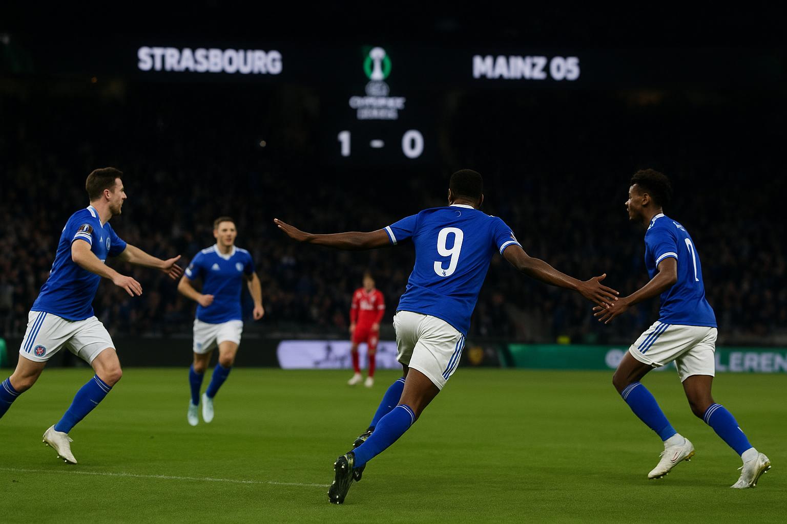 Spelmoment in het stadion van Strasbourg tijdens de 4-0 zege tegen Mainz 05 in de Conference League.
