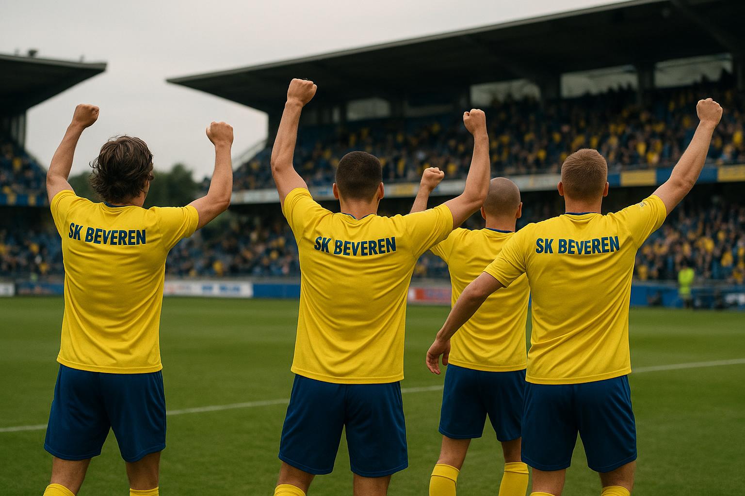 Spelers van SK Beveren vieren een zege in de Challenger Pro League op het veld.
