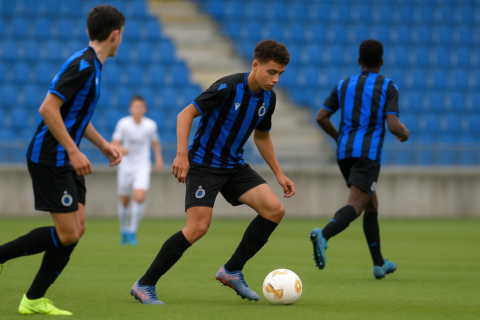 Spelers van Club Brugge vieren op het veld tijdens een Youth League-wedstrijd in Lausanne