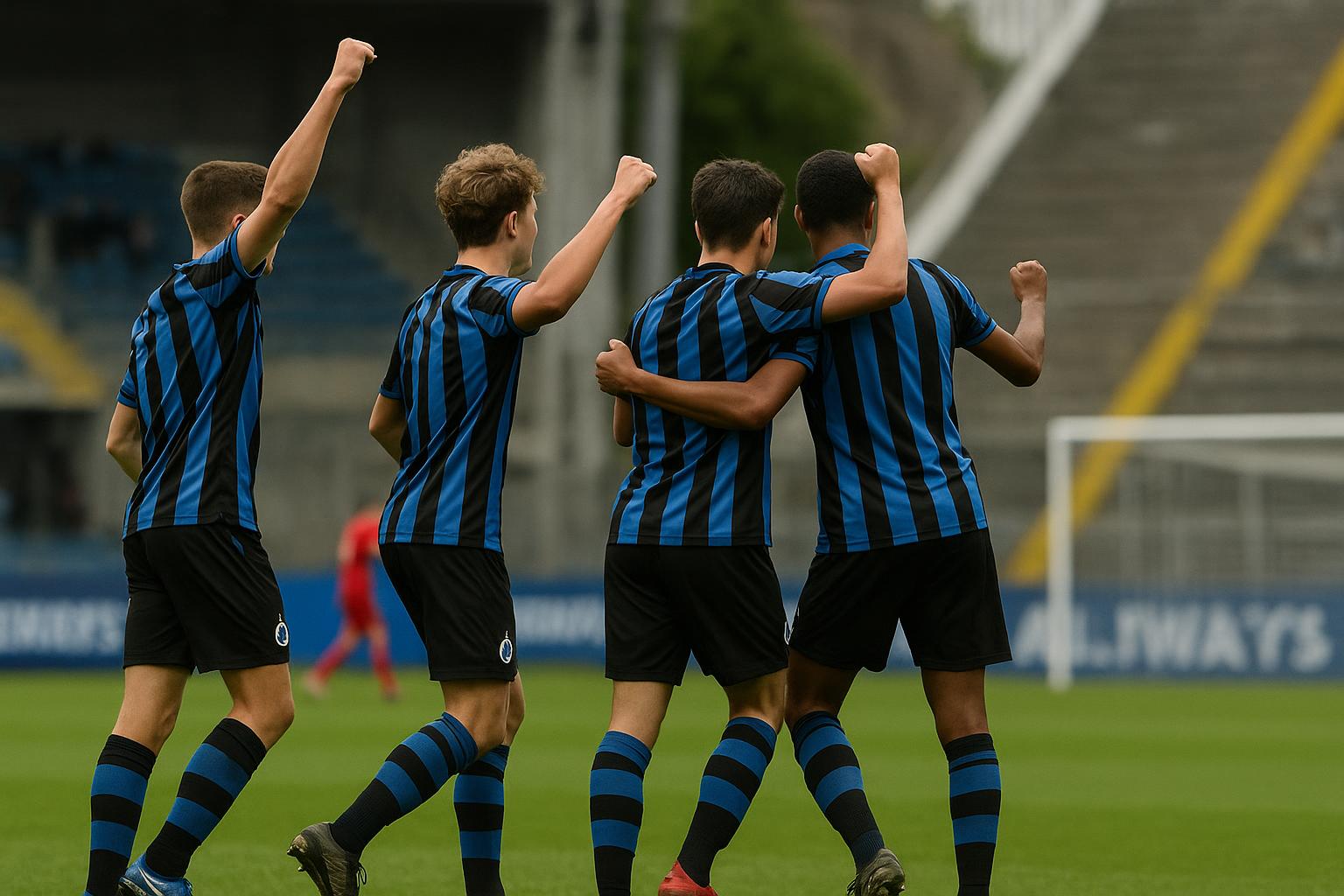 Spelers van Club NXT vieren na een wedstrijd in de Youth League