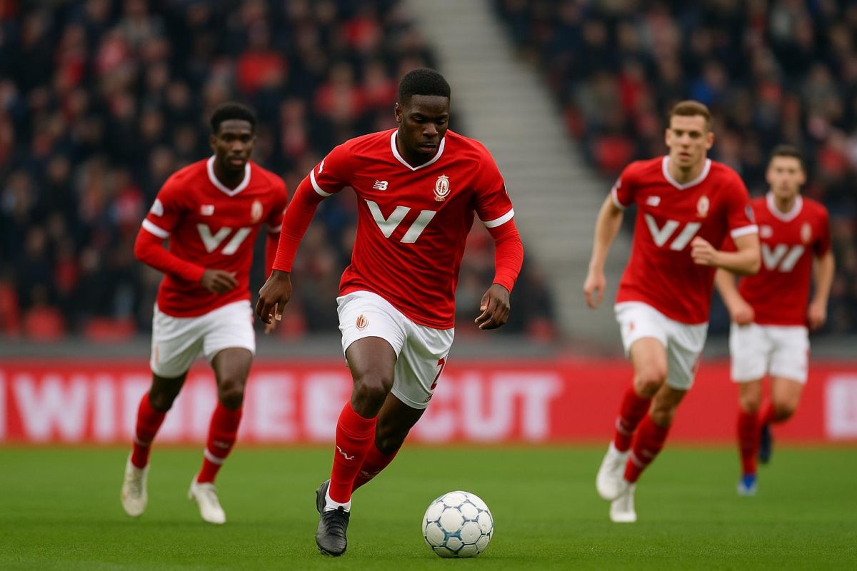 Spelers van Standard Luik vieren een actie tijdens de Europe Play-Offs.